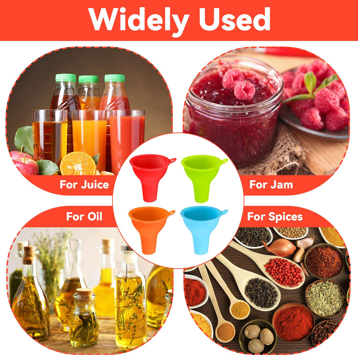 4Pcs Funnels for Kitchen Use Filling Bottles Silicone Funnel Wide Mouth Funnel Multi Color Flexible Condiment Funnels Kitchen Gadgets Accessories for Filling Water Bottle Liquid Transfer (4 Count)