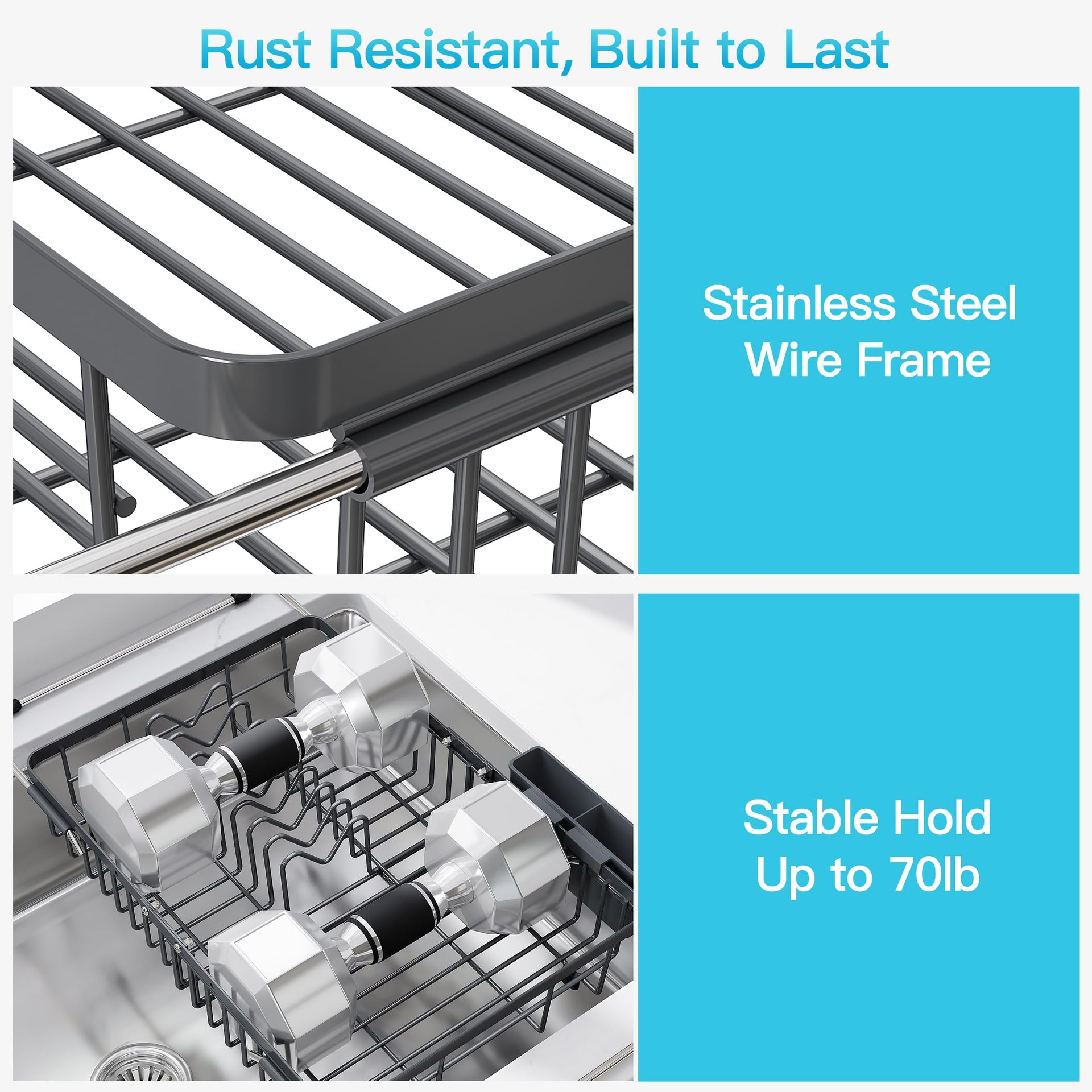 Gray Dish Drying Rack Over the Sink with Utensil Holder