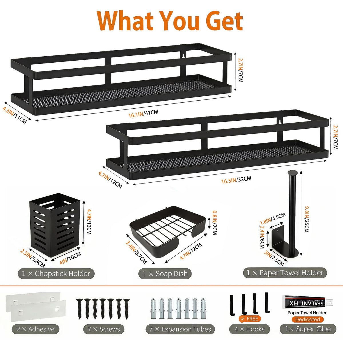 5-in-1 16.5" Extra Long Kitchen Organizer & Shower Caddy Set, Wall Mount Spice Rack with Paper Towel Holder, Utensil Holder & Soap Dish, Rustproof Mesh - Matte Black, Guardrail