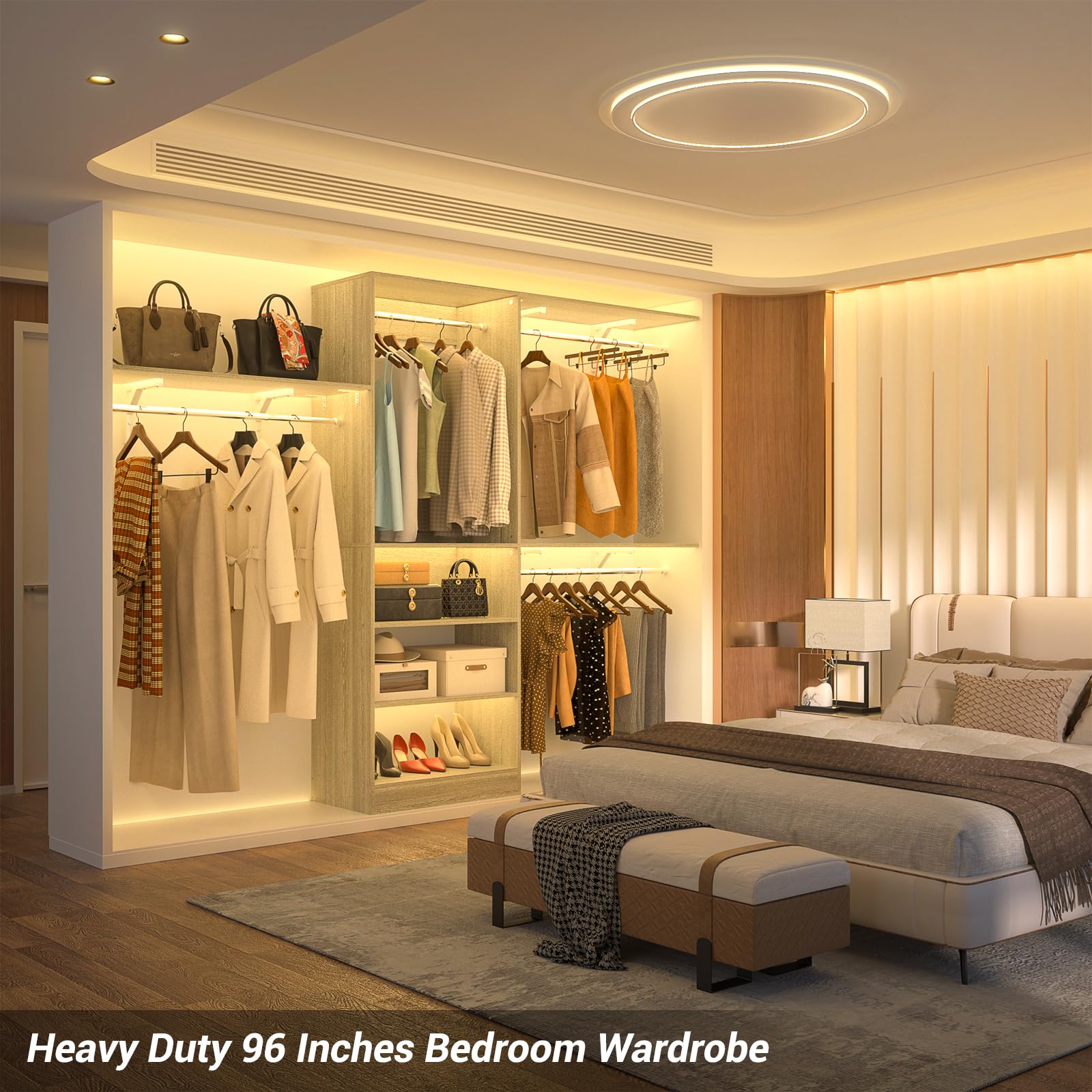8FT Closet System with 3 Wooden Storage Shelves