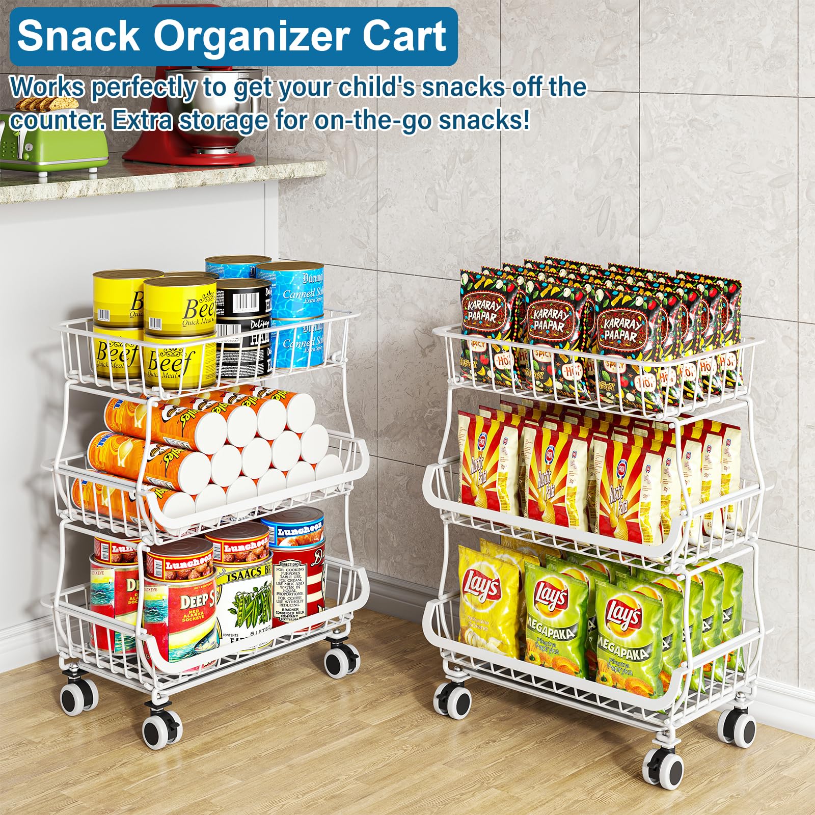 3 Tier Rolling Pantry Floor Organizers and Storage Cart with Wheels