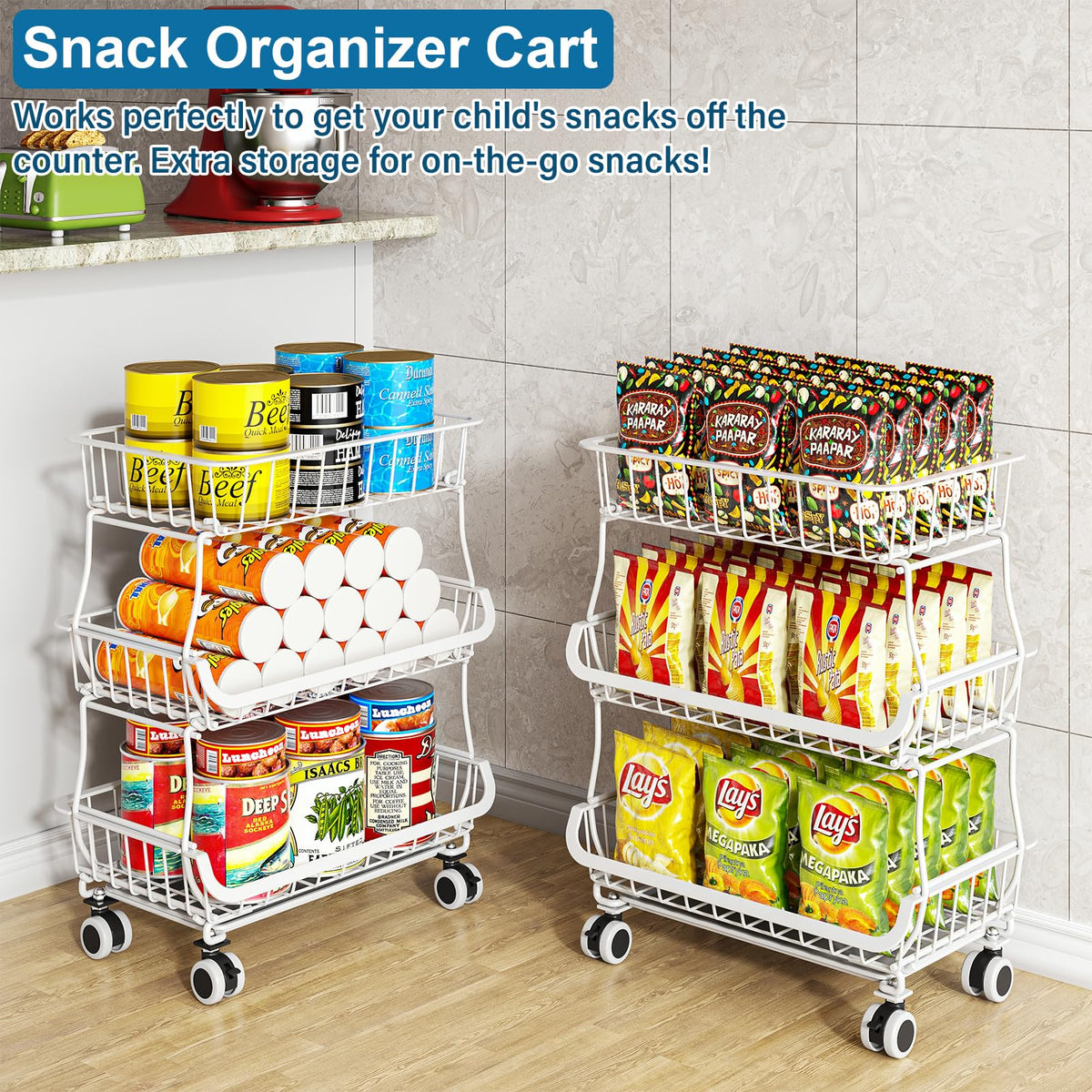 3 Tier Rolling Pantry Floor Organizers and Storage Cart with Wheels