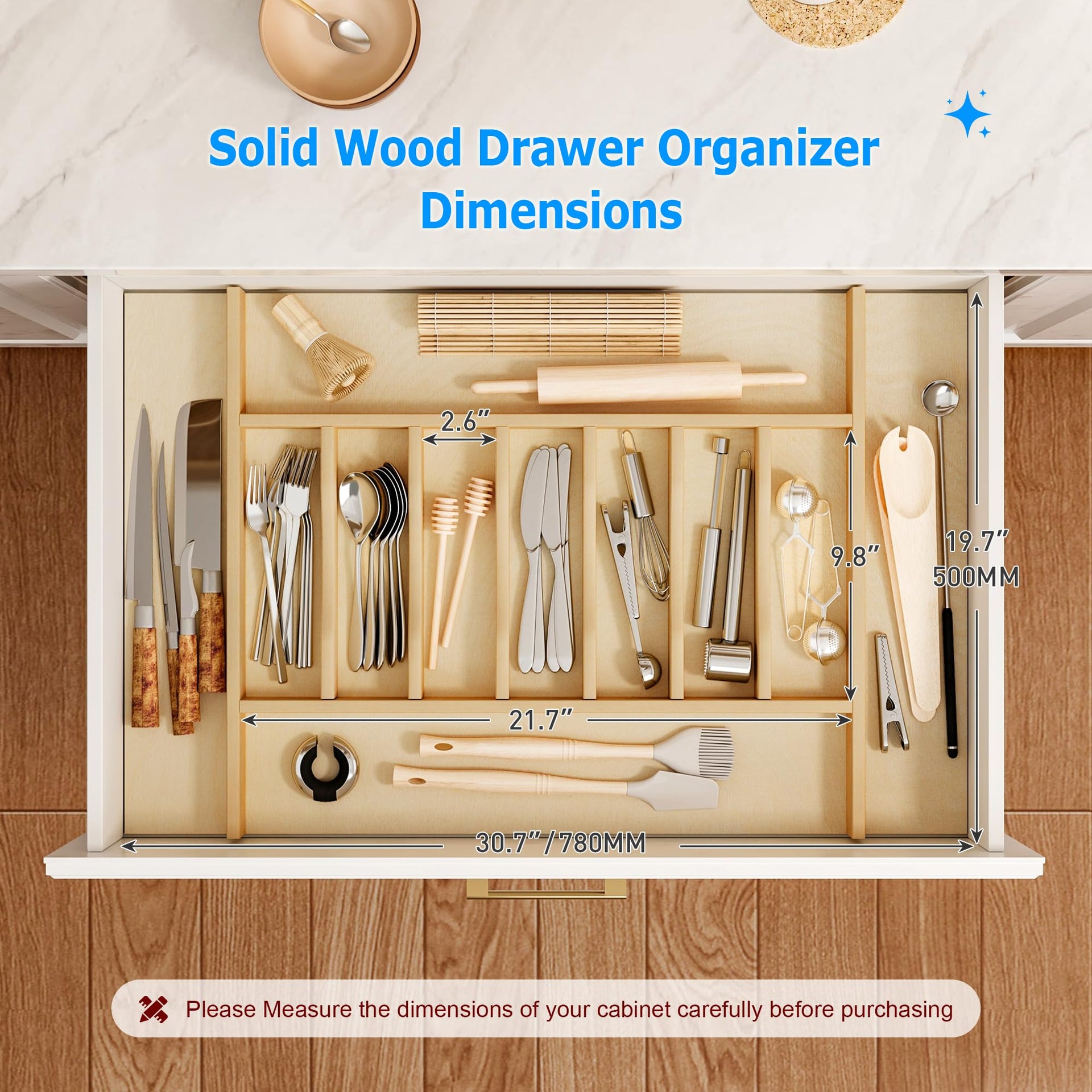 Premium Wooden Silverware Organizer for Kitchen Drawers