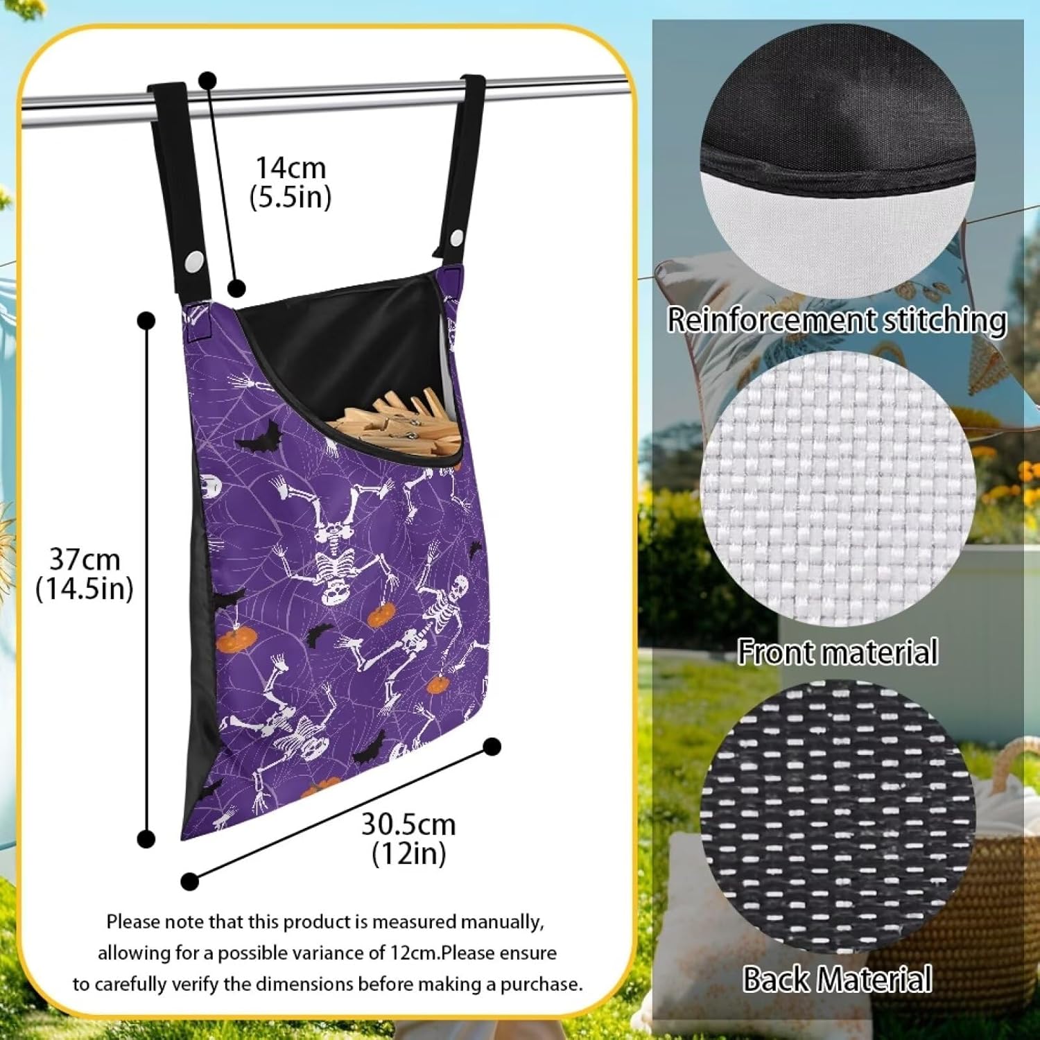 Gothic Skull Summer Clothes Pin Bag Clothespin Bags Holder Clothespin Holder 14.5 x 12 Inch Clothespin Bag for Clothesline Outdoor Outside Laundry Room Reusable Clothespin Holder