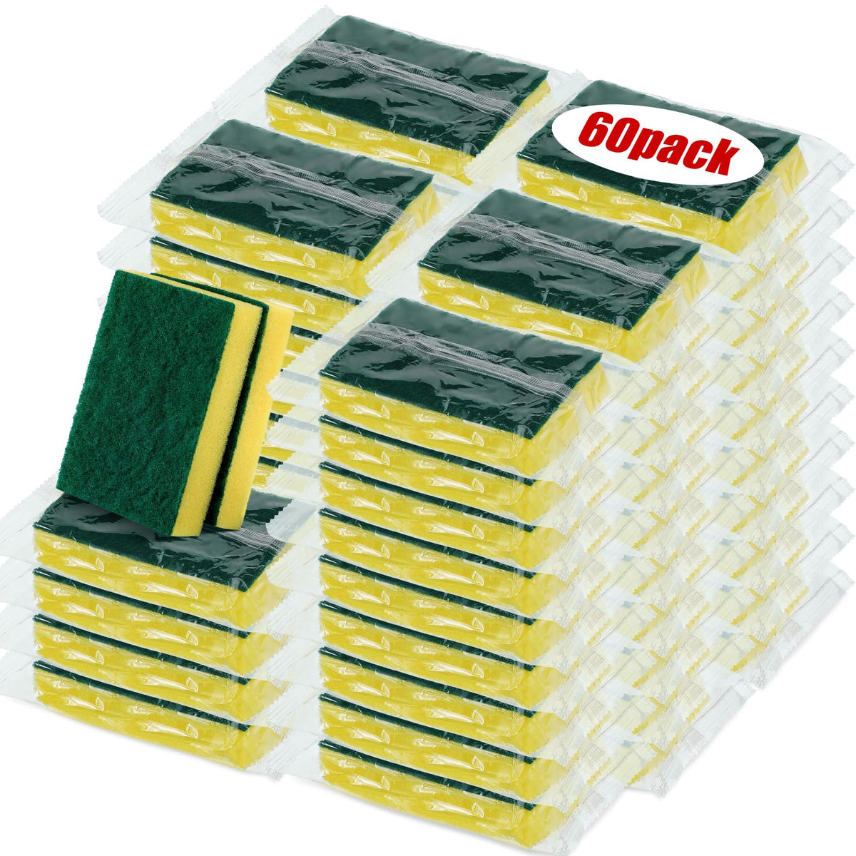 Individually Wrapped Sponge Dishwashing Sponge Bulk Non Scratch Scrub Sponges Kitchen Scouring Pad for Household Cleaning Rental Dishes Hotel Apartment Car (60 Count)