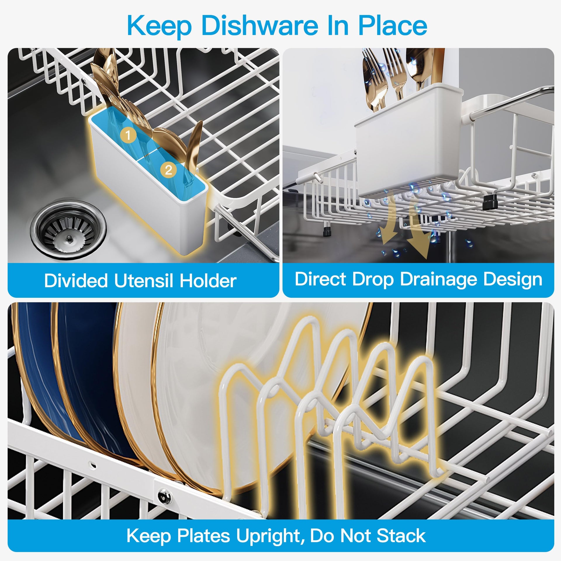 White Dish Drying Rack Over the Sink with Utensil Holder
