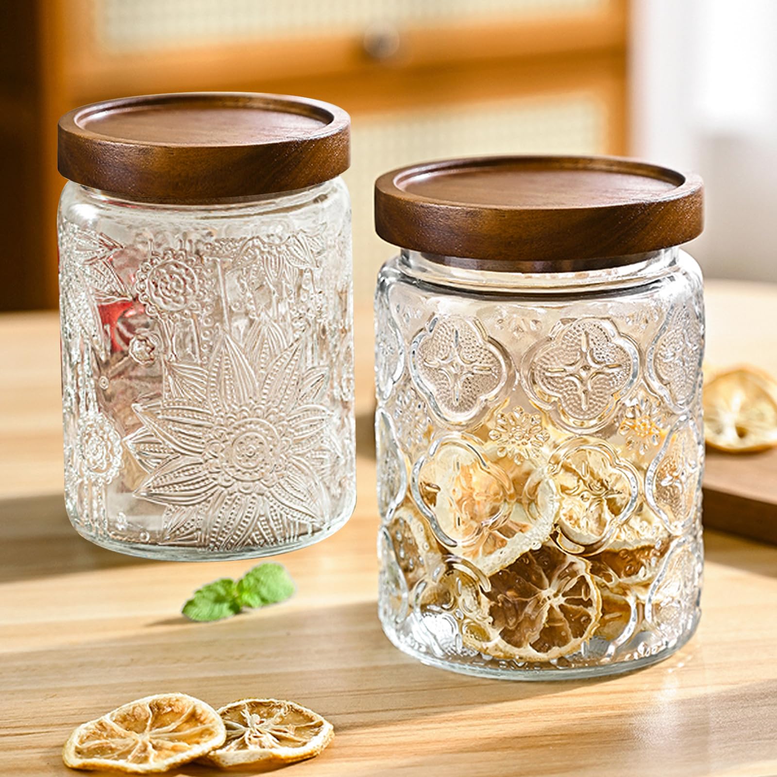 24 OZ 2 PCS Glass Storage Jar with Airtight Bamboo Wooden Lids