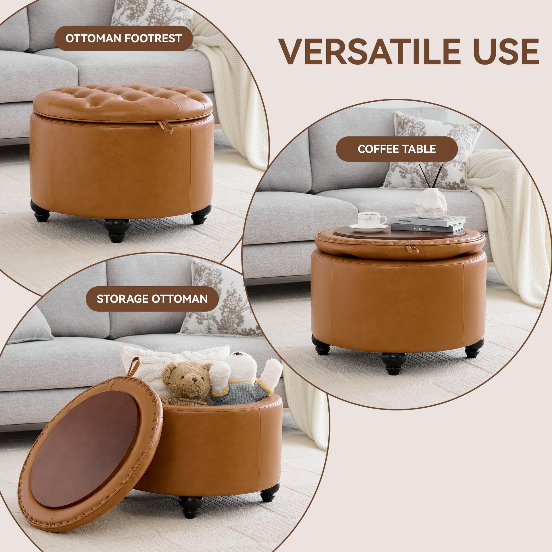 24Inch Round Storage Ottoman with Tray