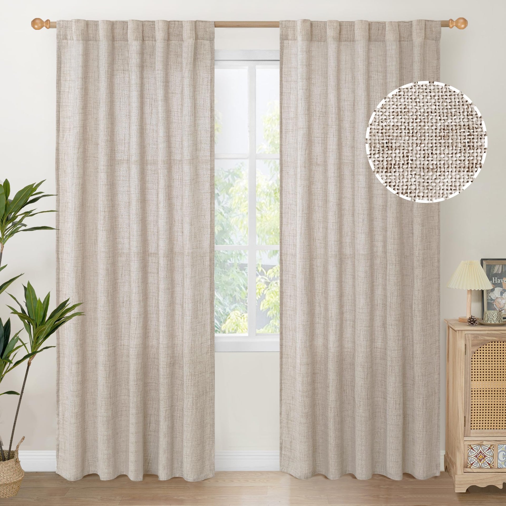 Natural Linen Curtains 84 Inches for Living Room Back Tab and Rod Pocket Textured Window Drapes for Bedroom Dining Farmhouse Light Filtering (2 Count)