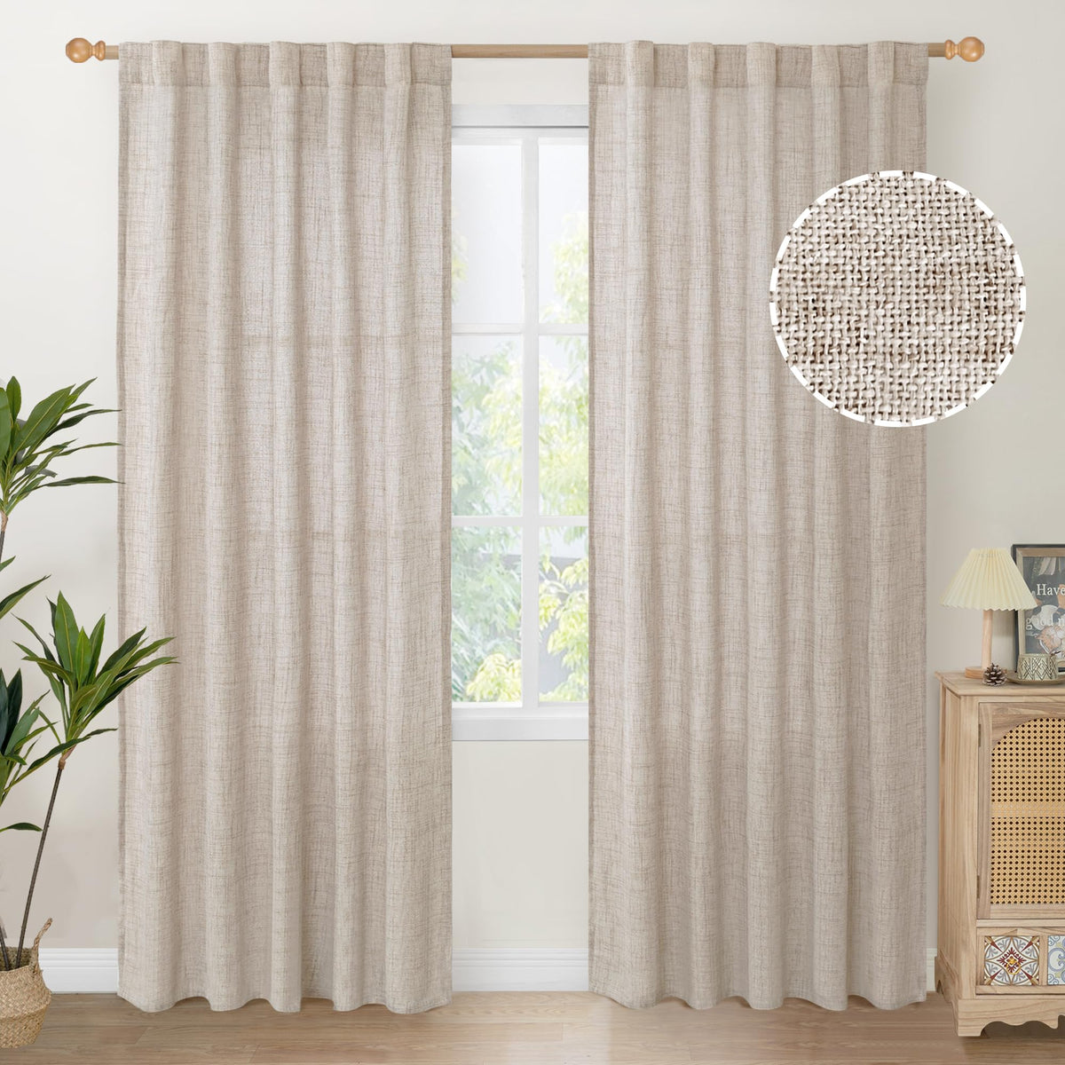 Natural Linen Curtains 84 Inch Length 2 Panels Rod Pocket Light Filtering Textured Window Drapes with Ring Clips for Living Room Dining Bedroom (2 Count)