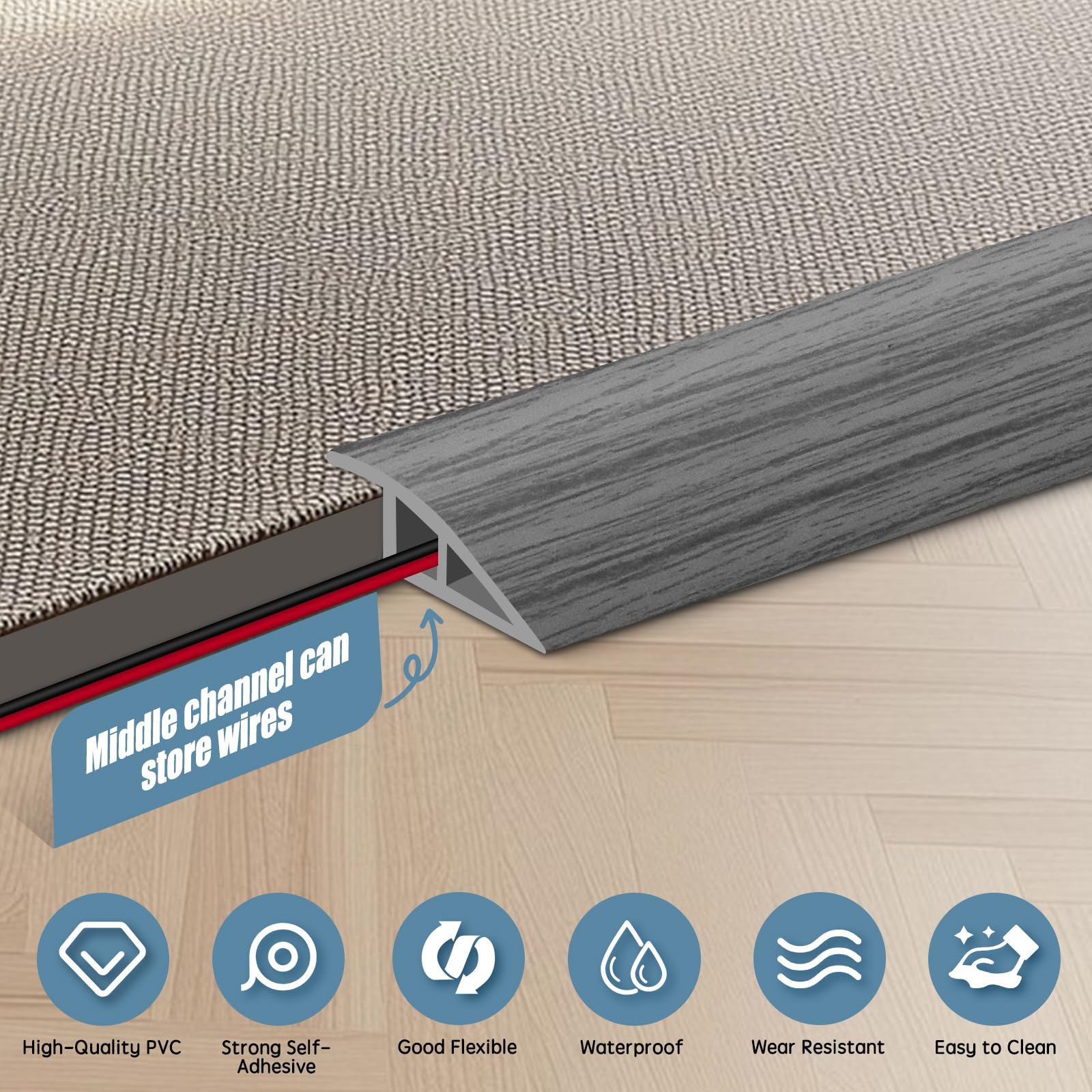 Floor Transition Strip Door Threshold 118" Floor Transition Reducer Trim on The Edges Threshold Strip Self Adhesive Suitable for Doorways