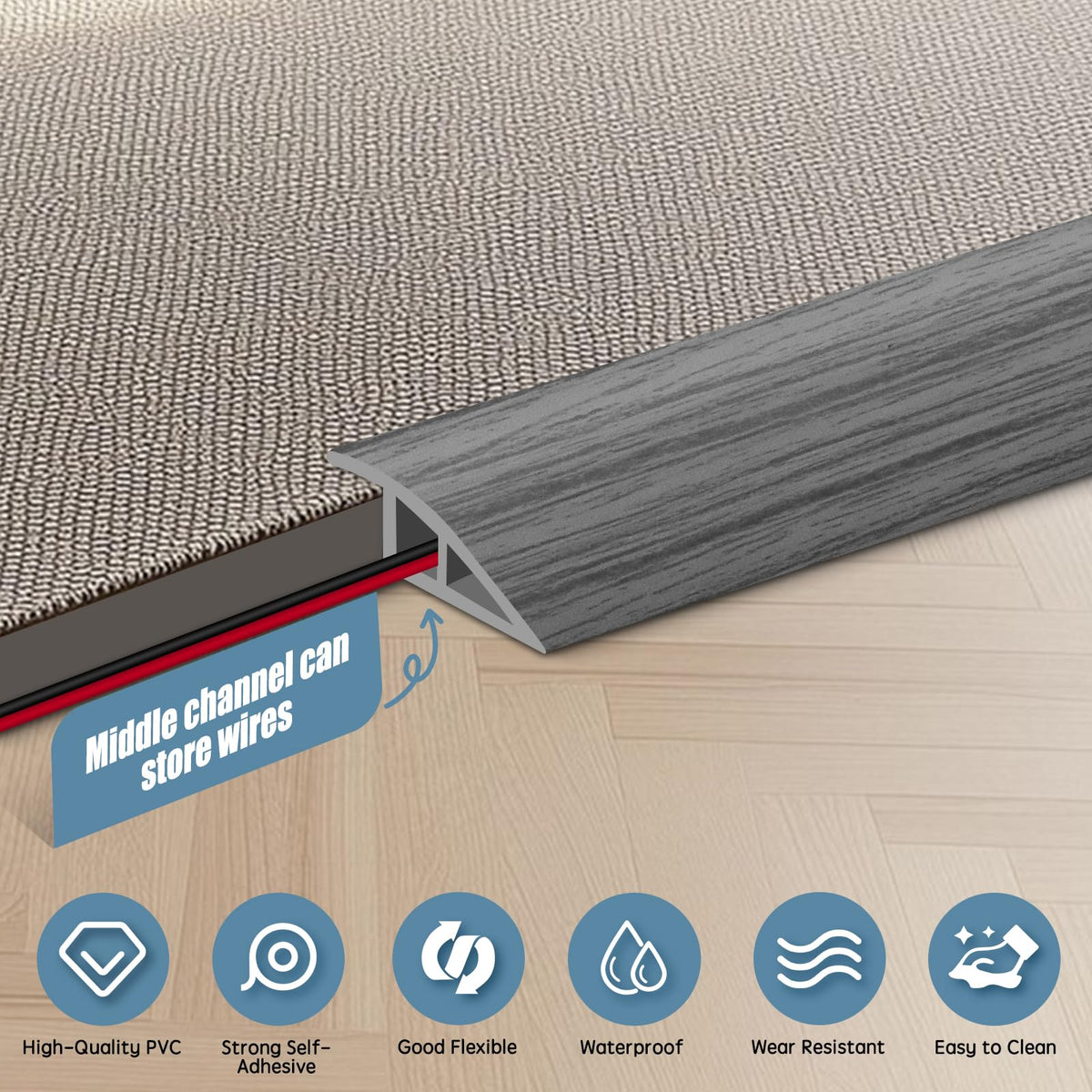 Floor Transition Strip Door Threshold 39" Floor Transition Reducer Trim on The Edges Threshold Strip Self Adhesive Suitable for Doorways (3.25 Foot)