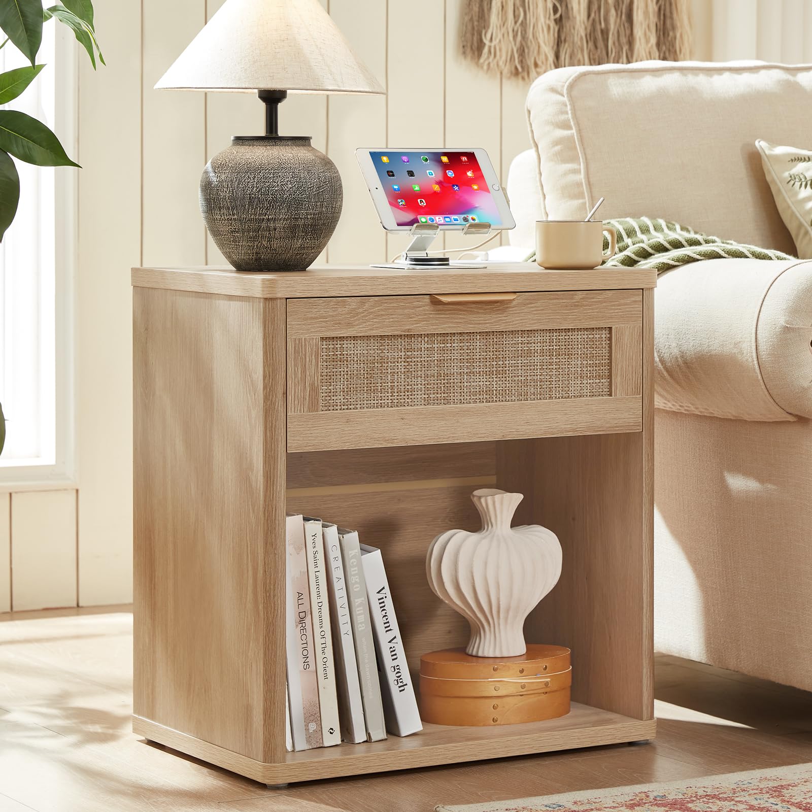 Rattan Nightstand with Charging Station