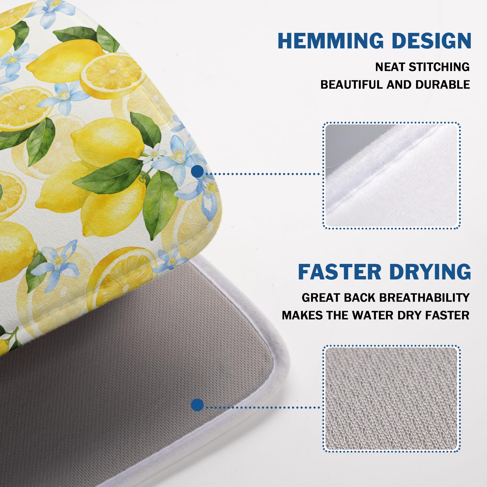 Lemon Dish Drying Mat 18x24 Inch Absorbent Reversible Summer Drying Mat Floral Lemon Fruits Dish Drying Rack Mat Yellow Summer Themed Dish Drainer Mat for Kitchen Counter Coffee Bar