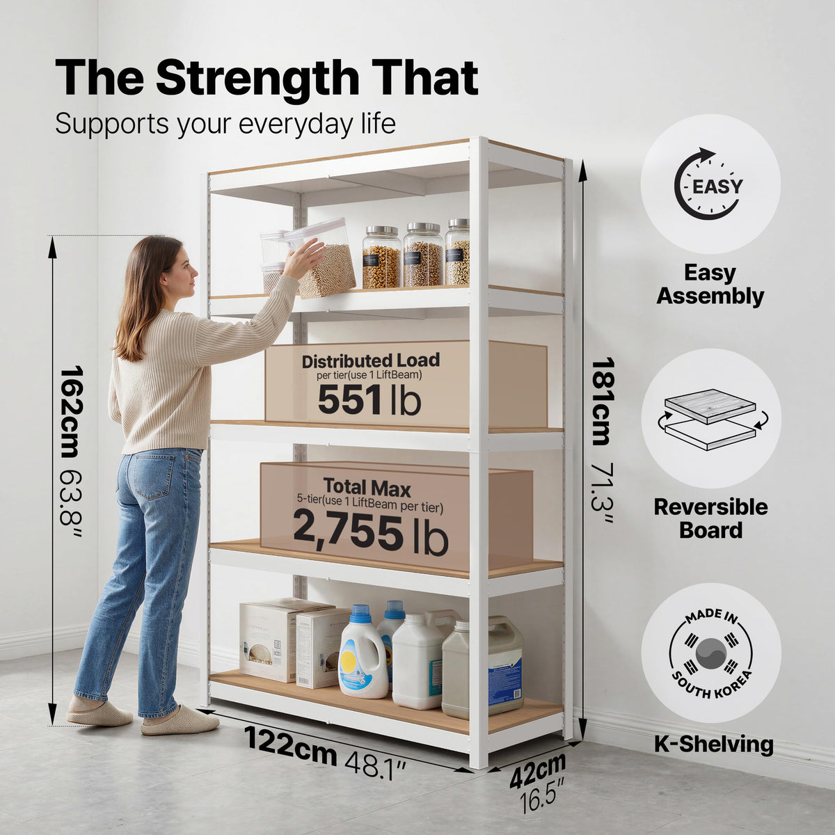 House White 48.1" W 5 Tier Storage Shelves Garage Shelving Unit