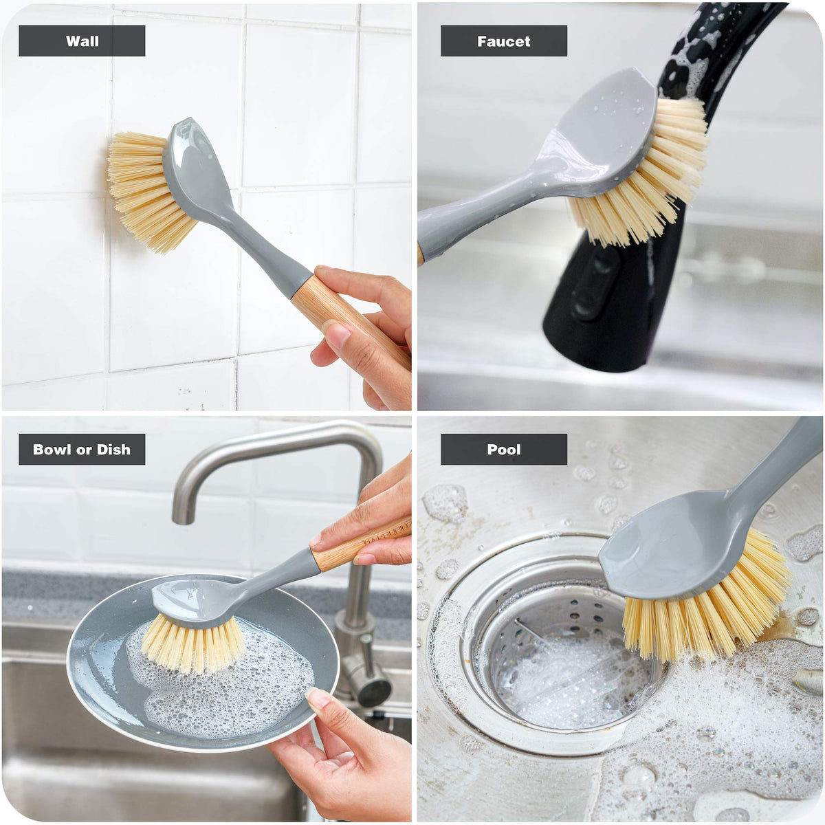 Natural Bamboo Dish Brush Bottle Scrub Brush 4
