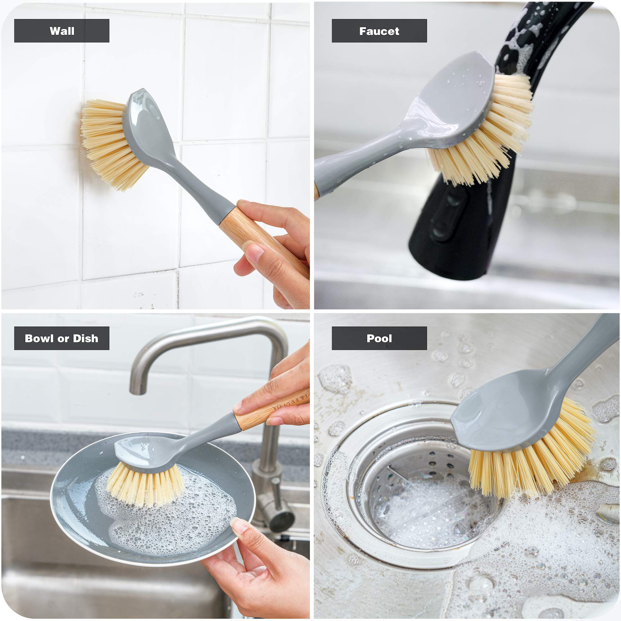 Natural Bamboo Dish Brush Bottle Scrub Brush 4