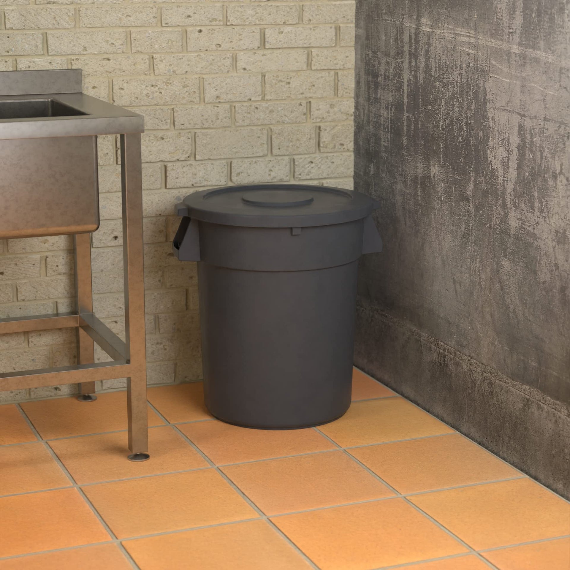 32 Gallon Gray Round Commercial Trash Can with Lid