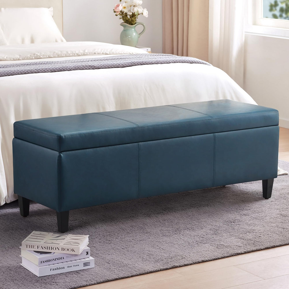 Faux Leather Storage Ottoman Bench 50.3 Inch Extra Long PU Upholstered Bedroom Bench with Large Storage Space for The Living Room