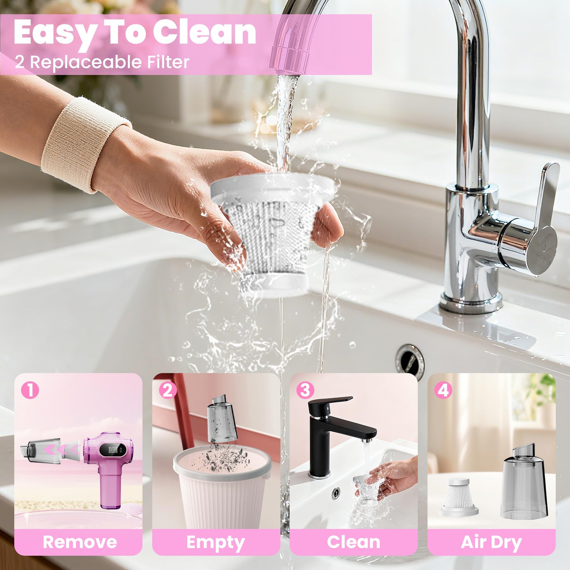 Women Friendly Cordless Pink Car Vacuum Cleaner