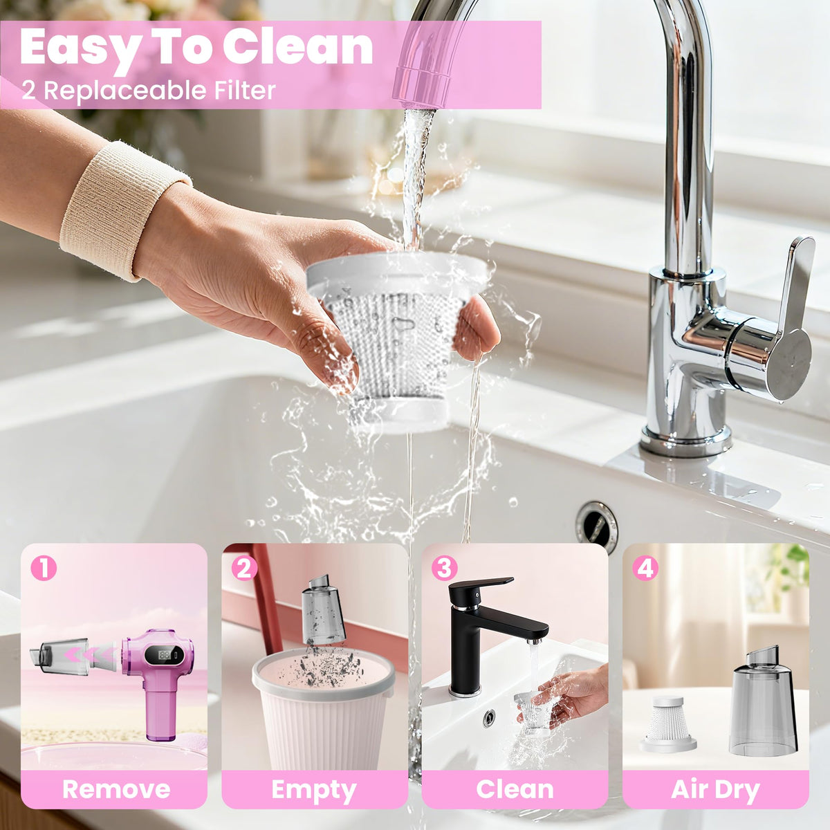 Women Friendly Cordless Pink Car Vacuum Cleaner