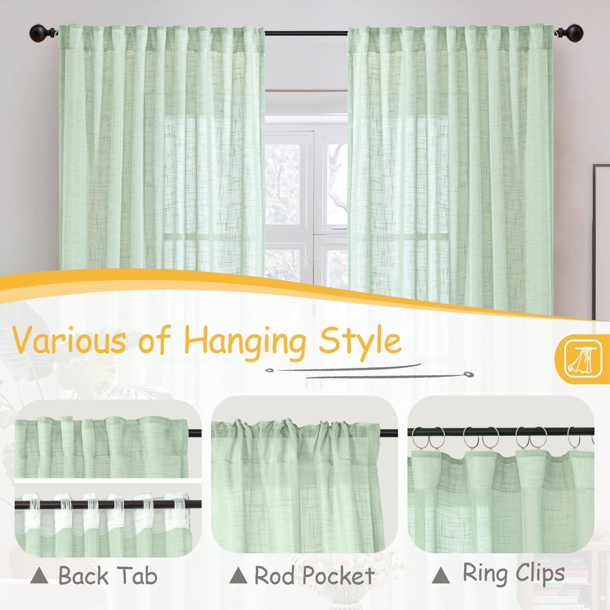 Light Green Linen Curtains 63 Inch Length (2 Count)