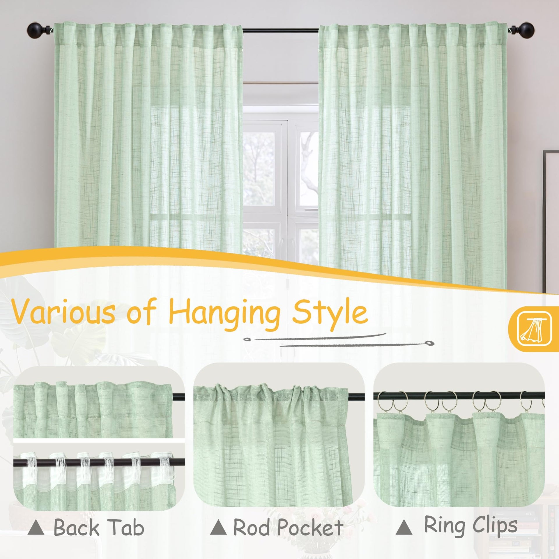 Light Green Linen Semi Sheer Curtains 84 Inch Length for Living Room (2 Count)