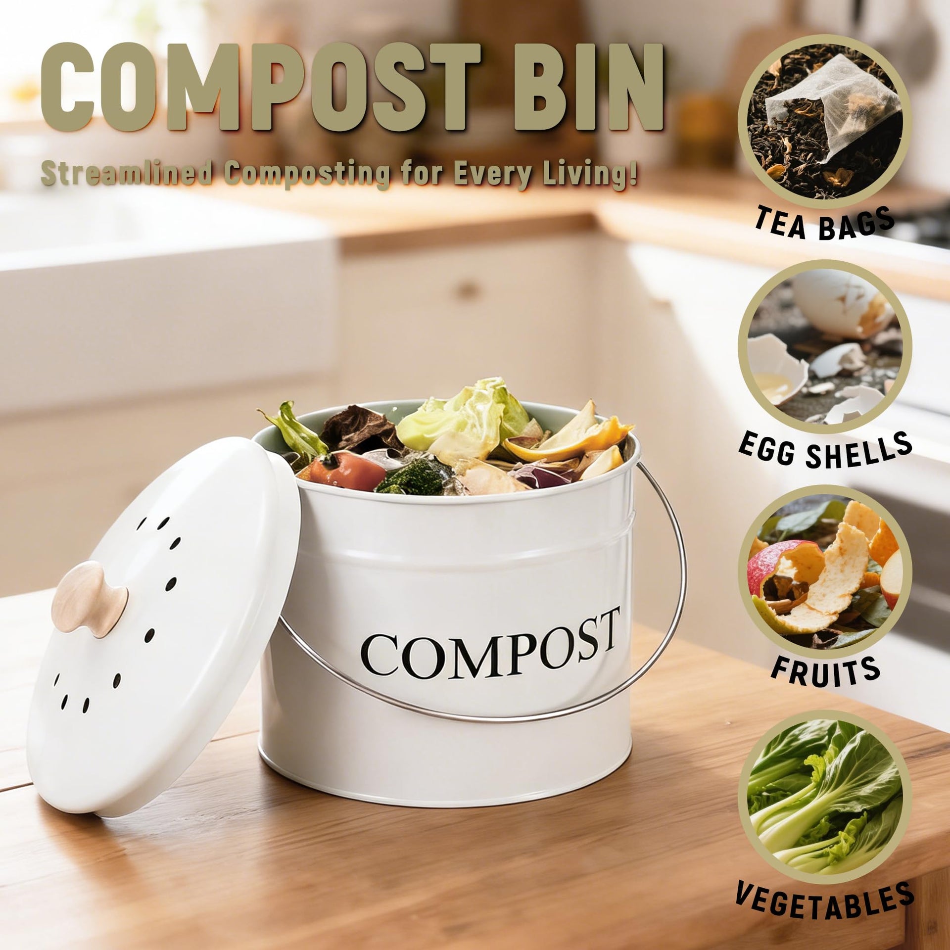 Compost Bin 1 Gallon Countertop Composter with Lid