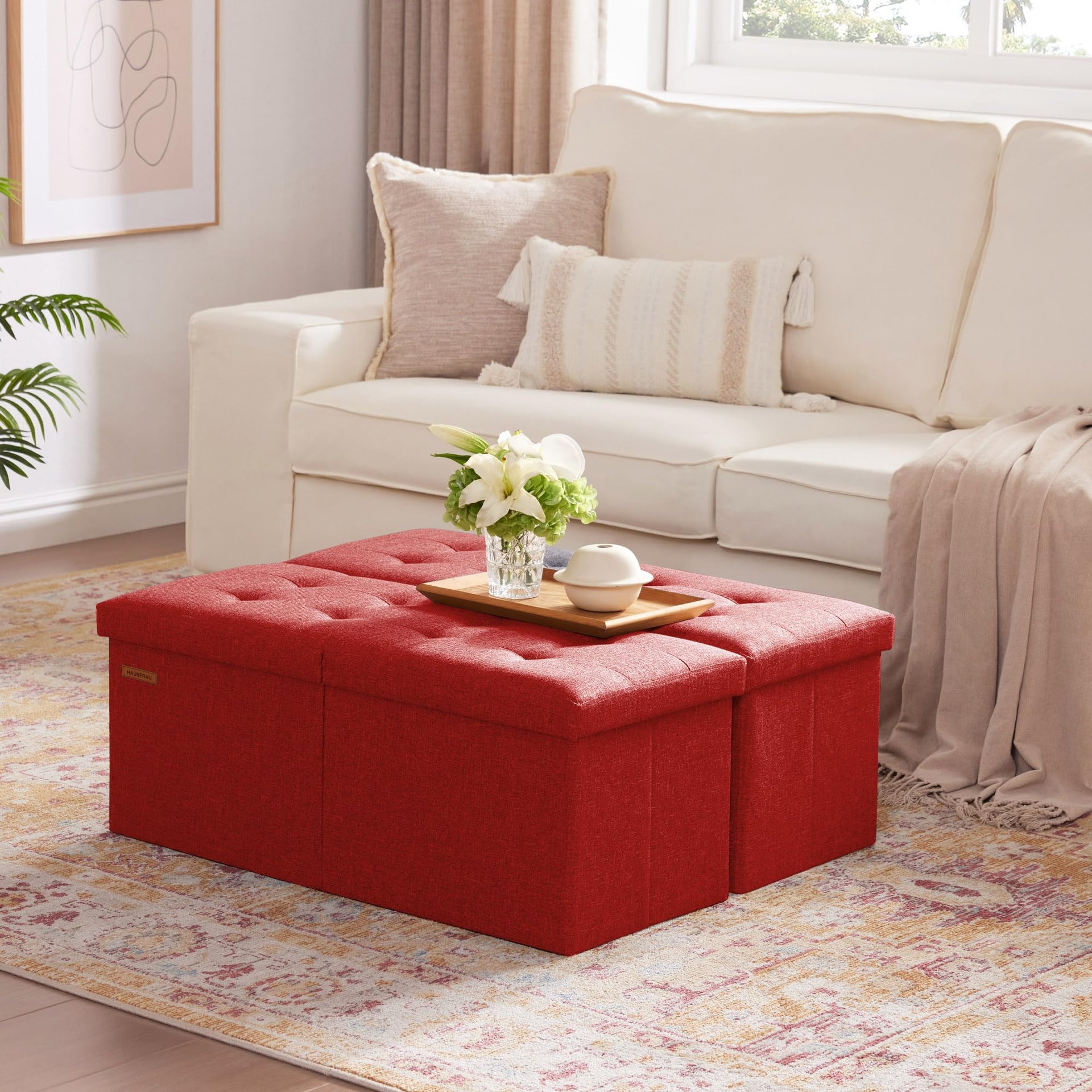 Ottoman with Storage Bench Folding Foot Rest Stool Linen Red
