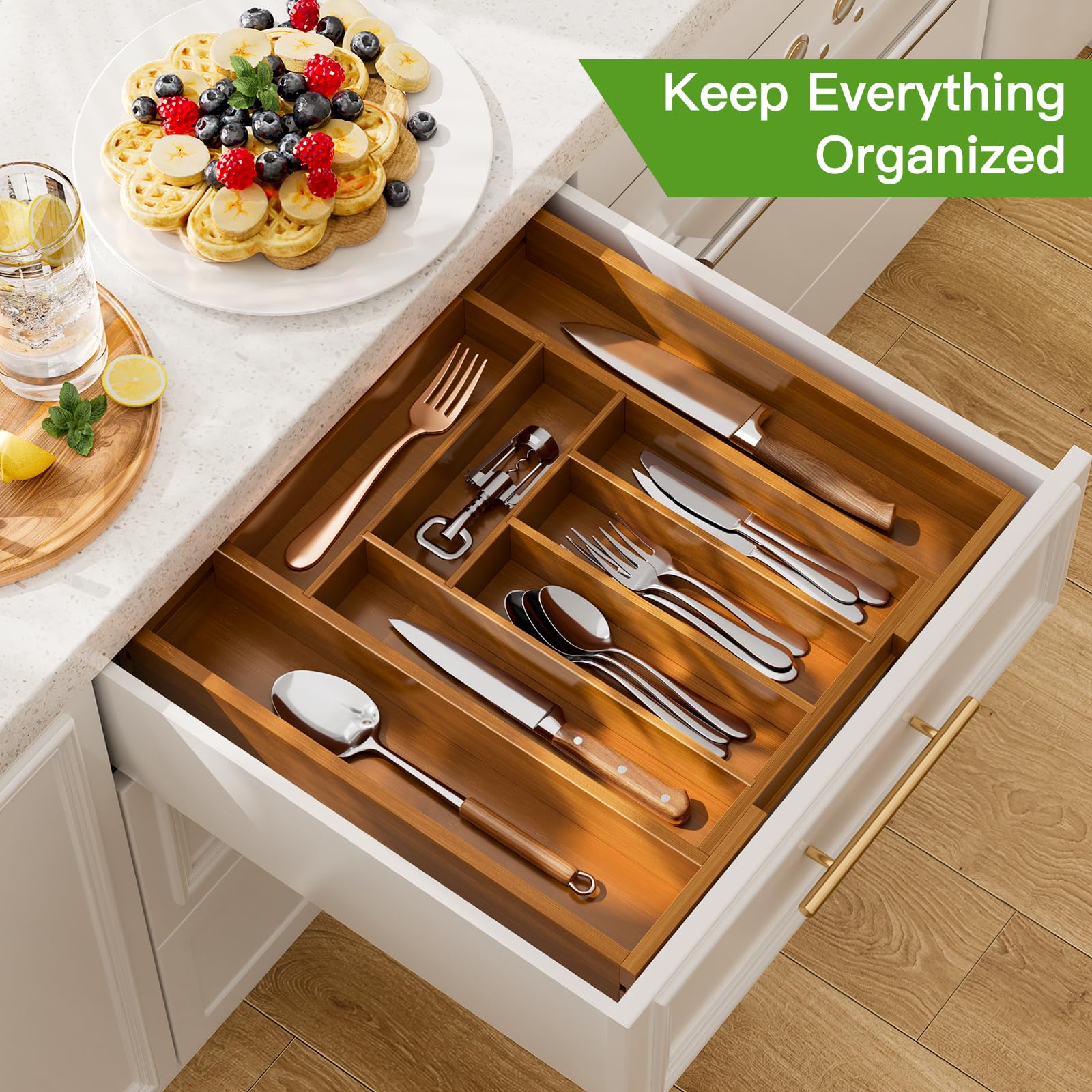 Bamboo Expandable Drawer Organizer for Utensils Holder