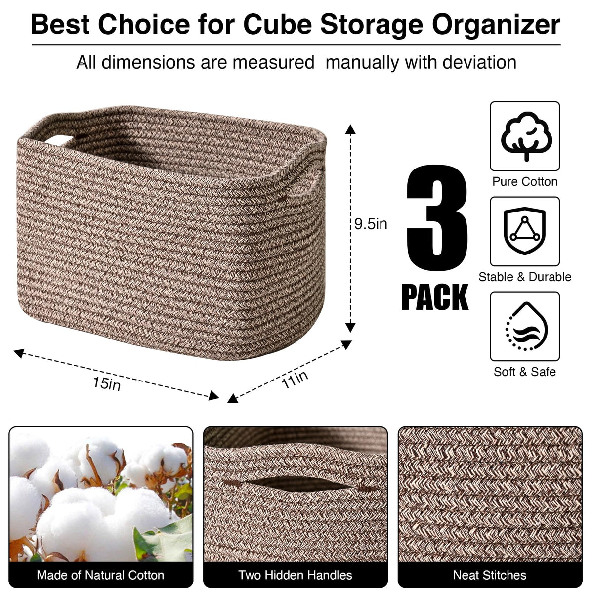 Storage Baskets for Organizing Shelves (3 Count)