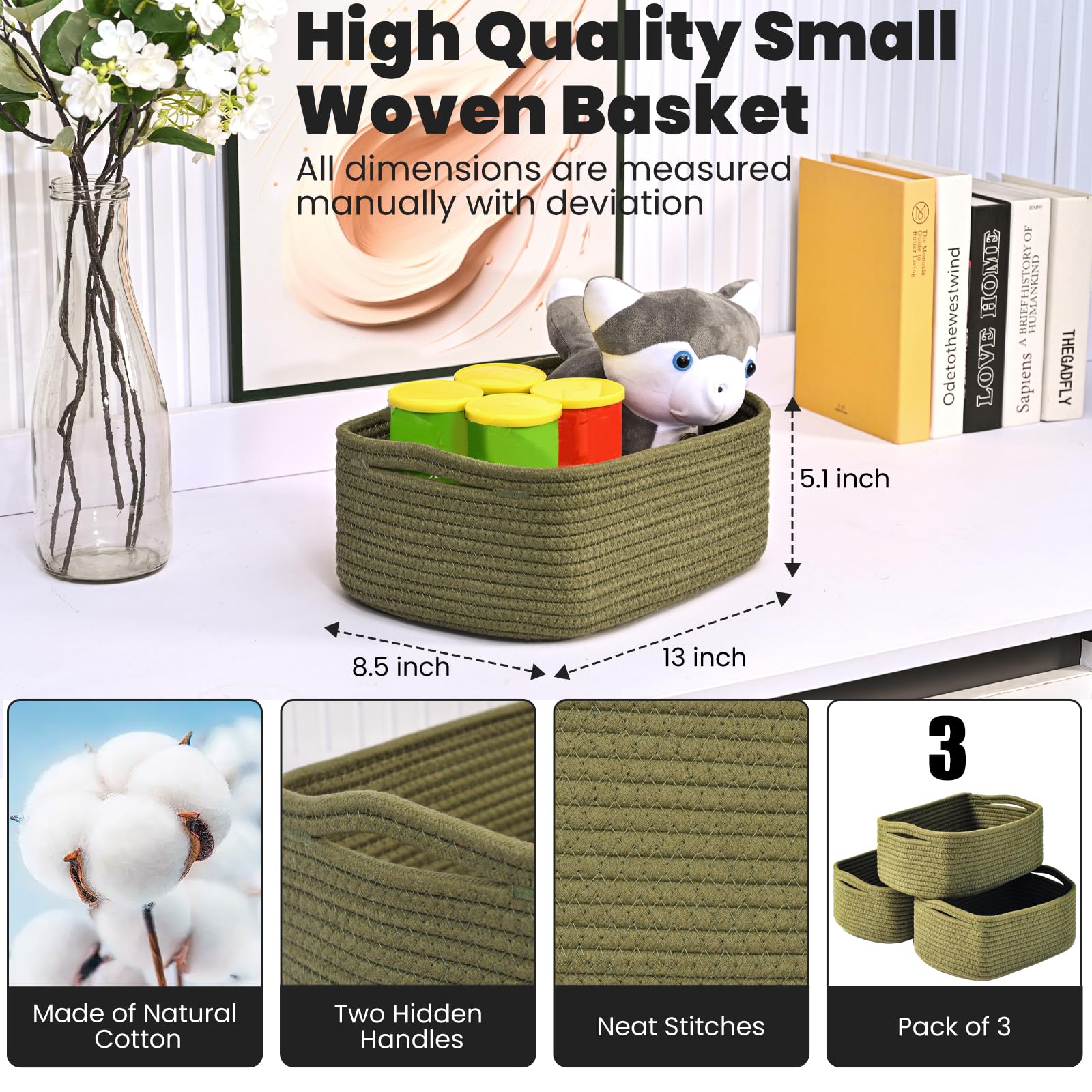 Small Green Storage Baskets for Organizing Shelves (3 Count)