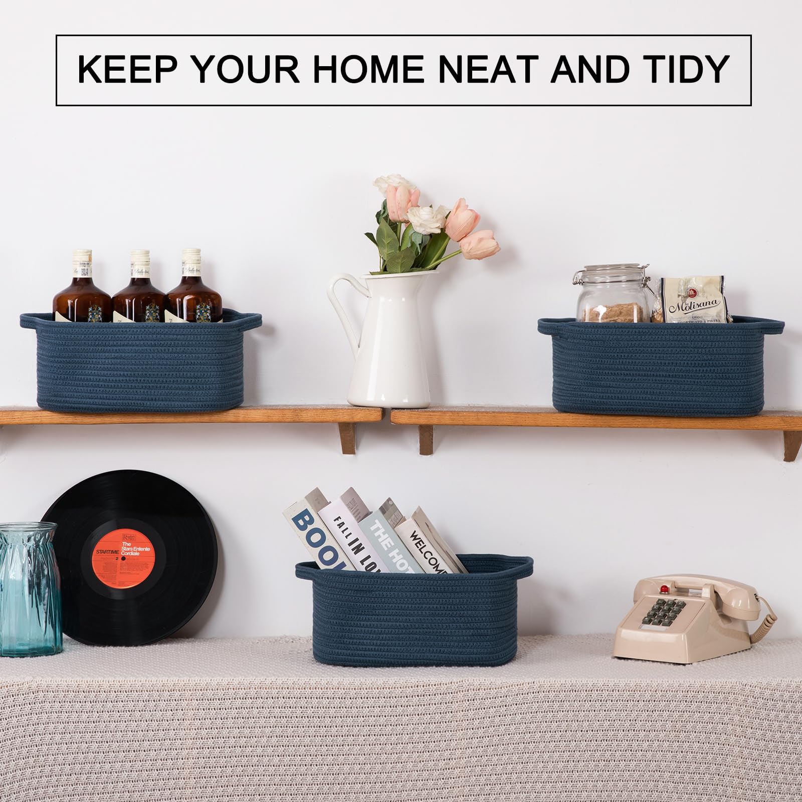 3 Pack Storage Baskets for Shelves Cotton Rope Storage Bins Blue (3 Count)