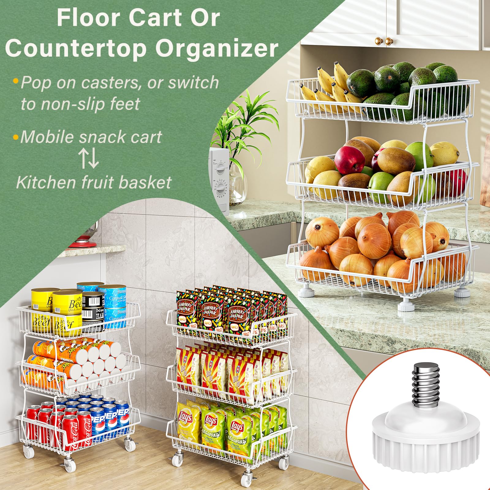Pantry Organizers and Storage Cart with Upgraded Metal Hub Casters
