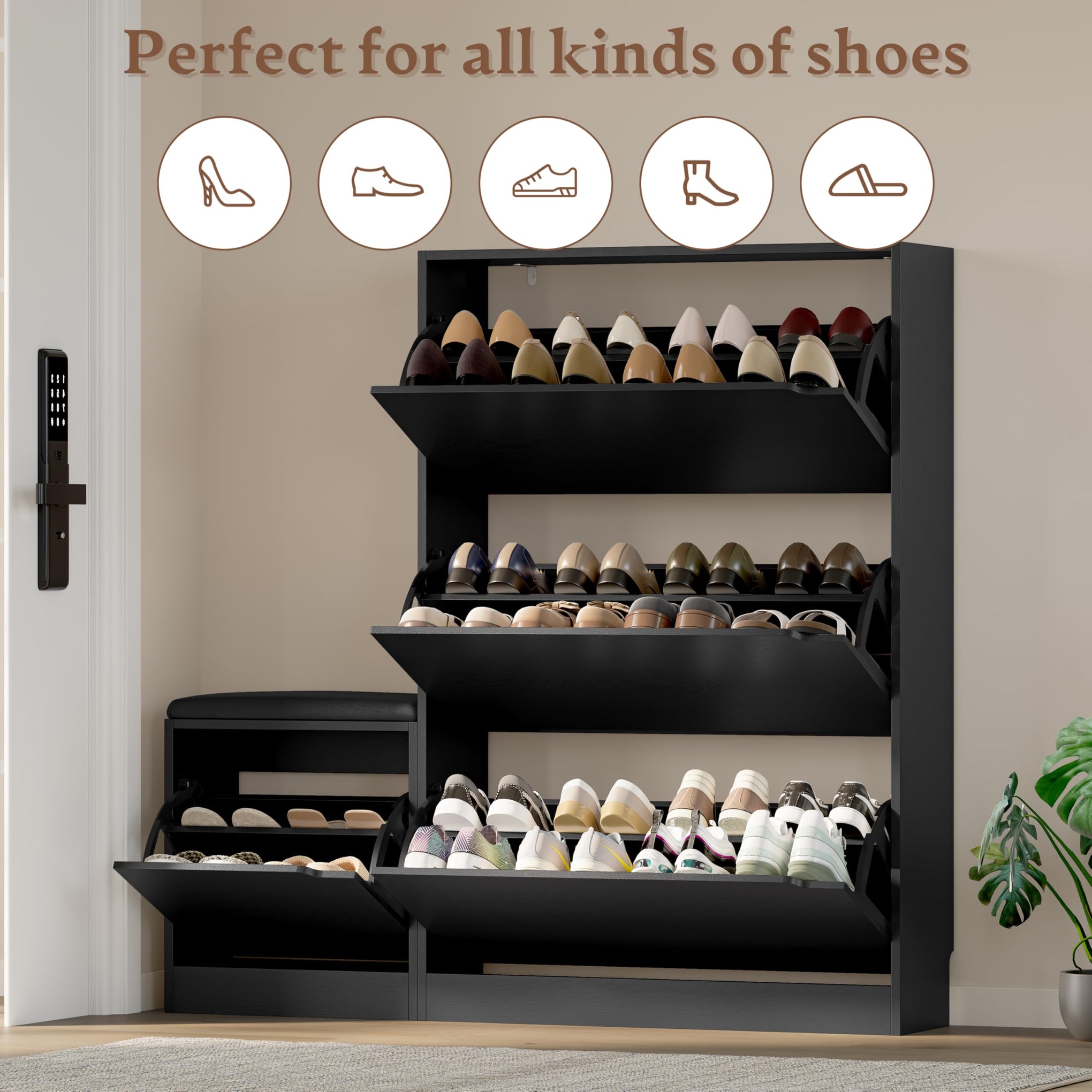 Shoe Cabinet with Bench and 3 Flip Drawers