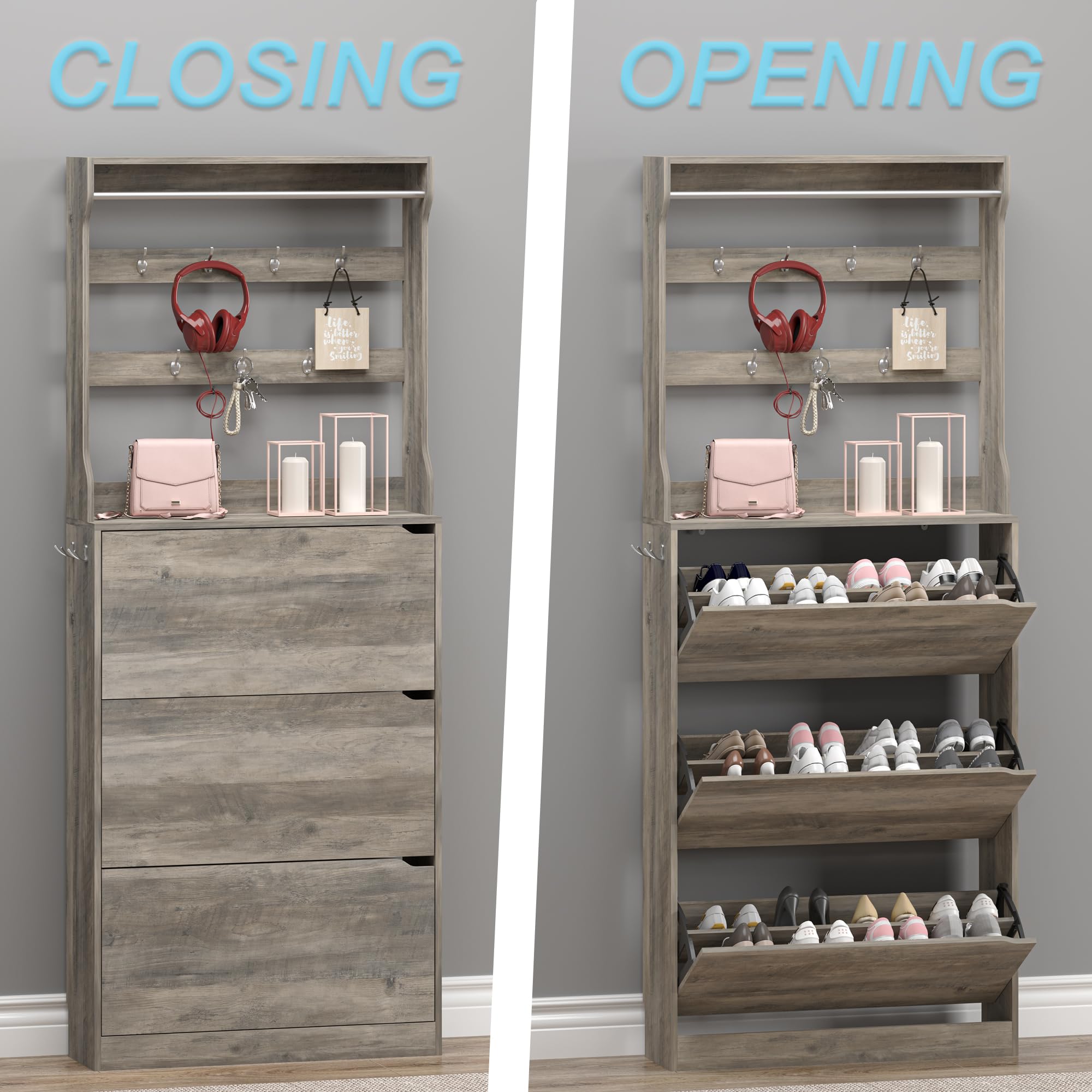 Shoe Cabinet with 3 Flip Drawers & Coat Rack