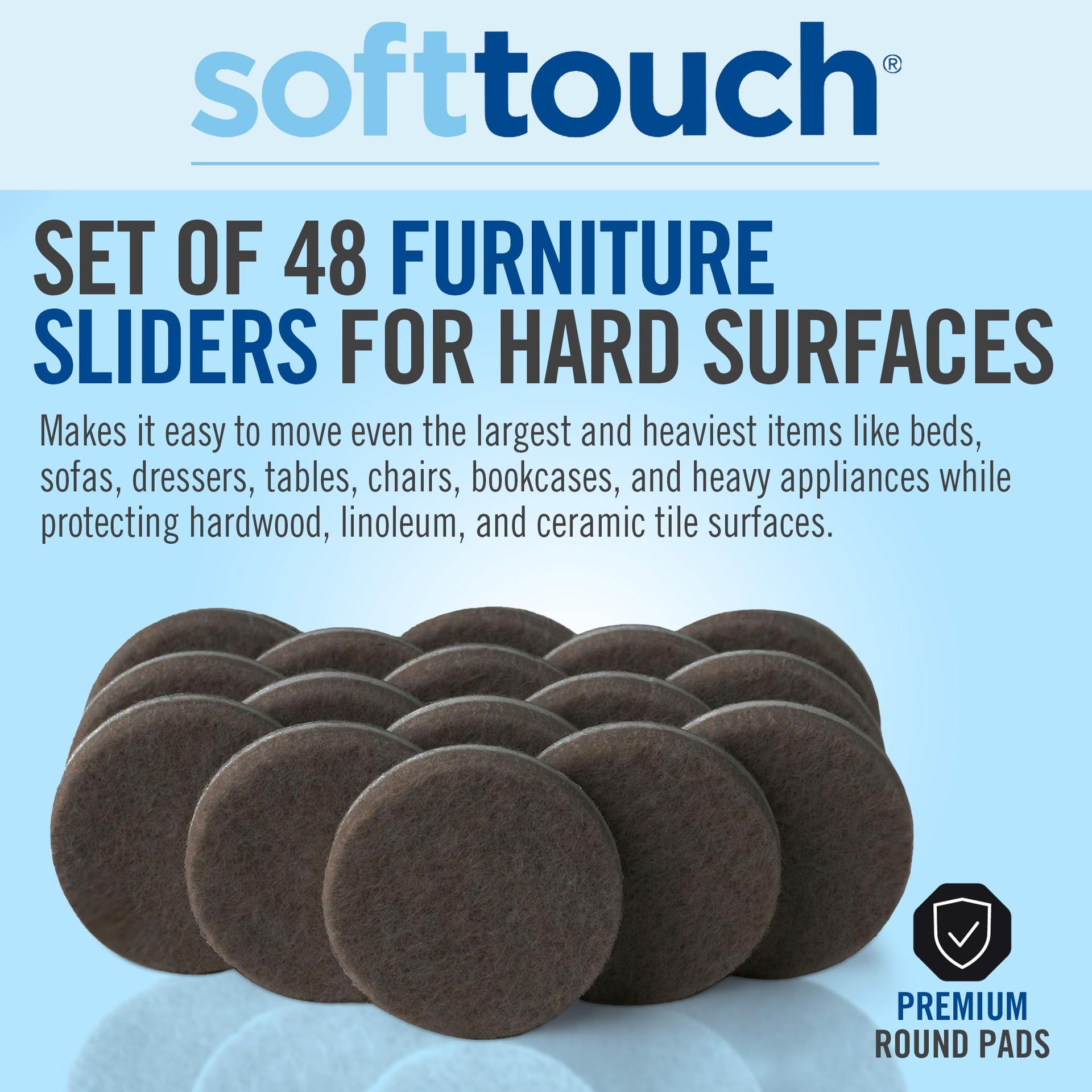 SoftTouch 1" Round Reusable Felt Furniture Sliders for Hard Surfaces (48 Count)