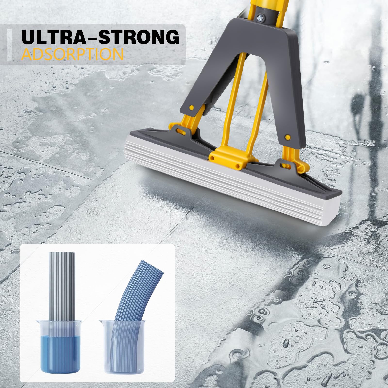 PVA Sponge Mops for Floor Cleaning with 3 Squeeze Mop Heads