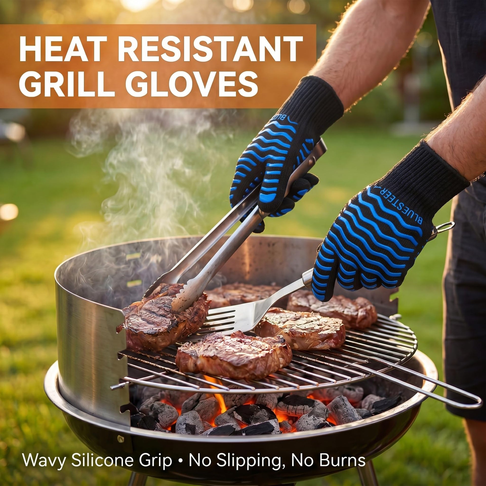 BBQ Gloves 1472°F Heat Resistant Oven Gloves with Fingers Heat Proof Grill Gloves Non (9.6 Ounce)