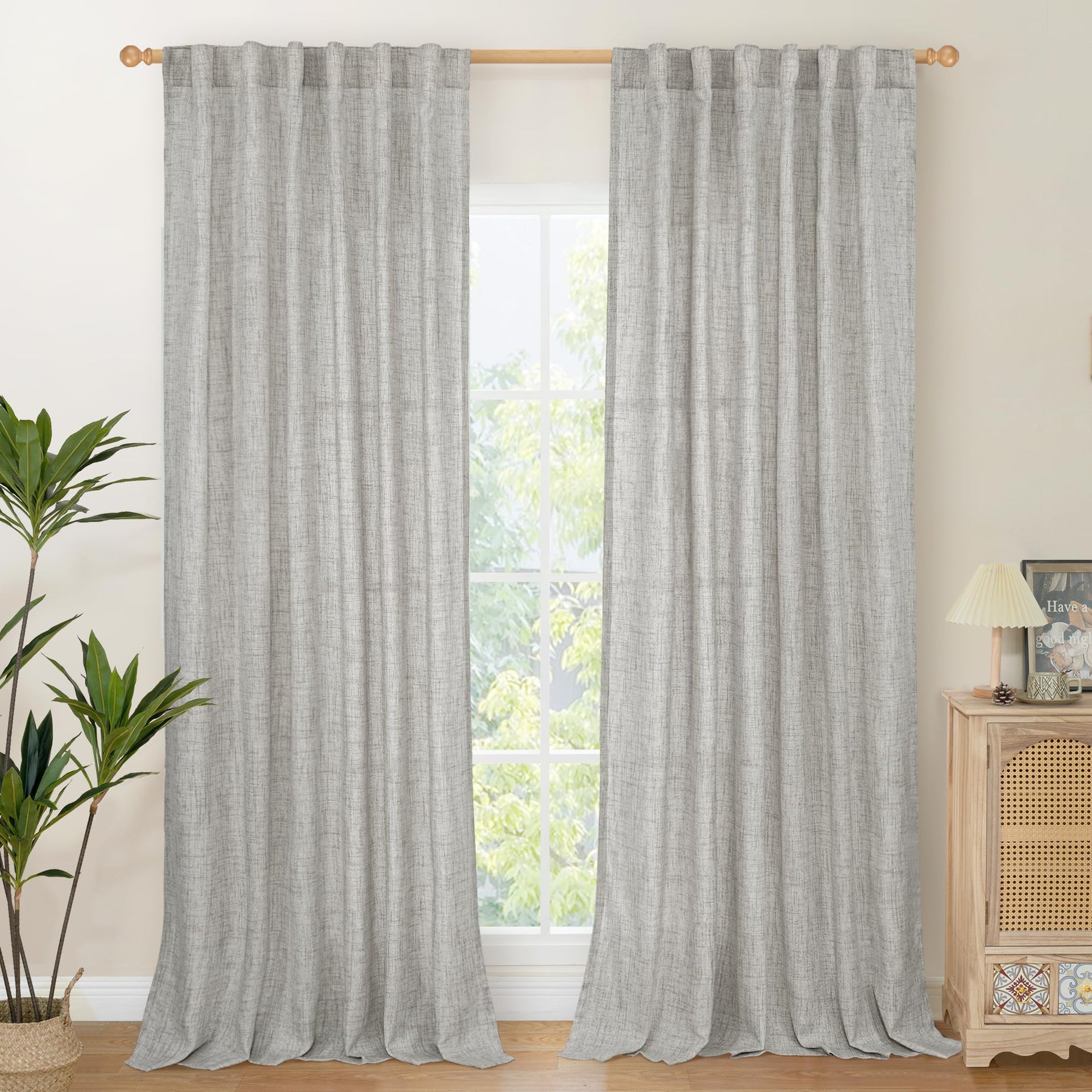 Dark Grey Linen Semi Sheer Curtains 52X95 Inch for Living Room Floor Length (2 Count)