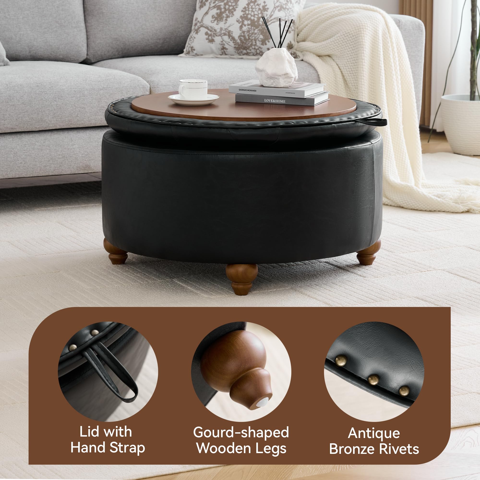 30Inch Round Storage Ottoman with Tray