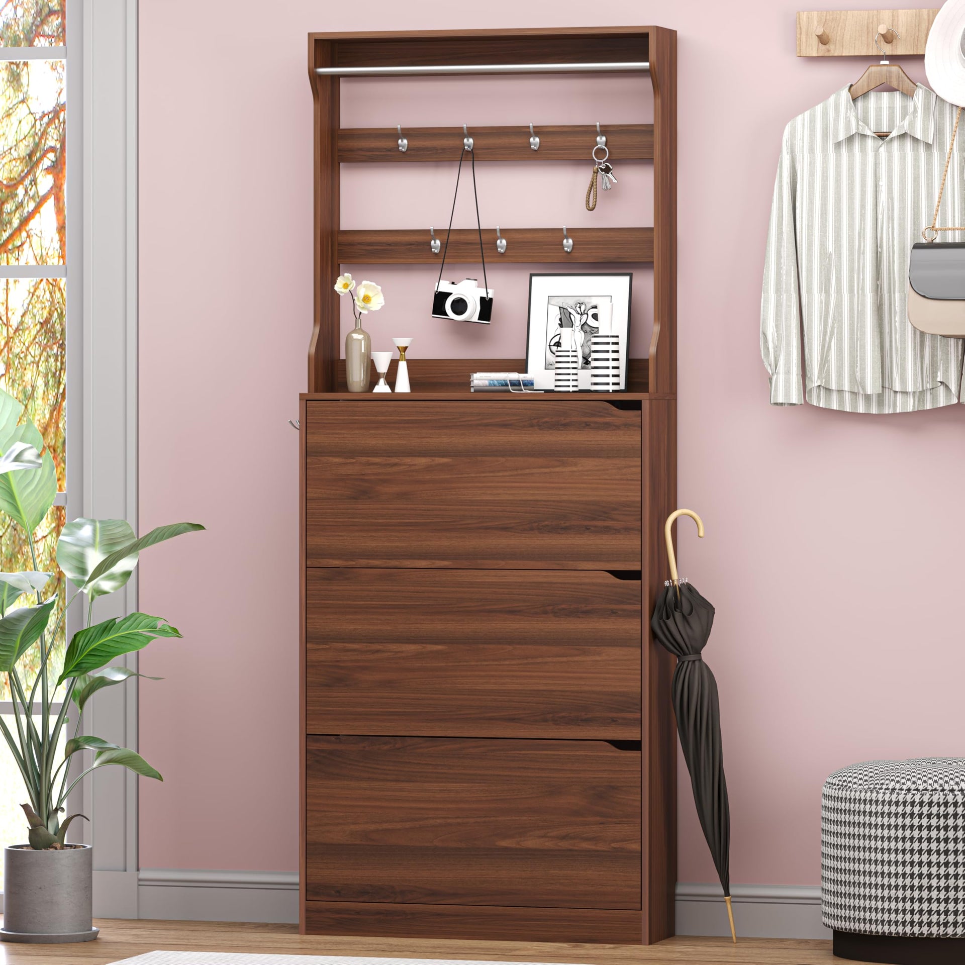 Shoe Cabinet with 3 Flip Drawers & Coat Rack