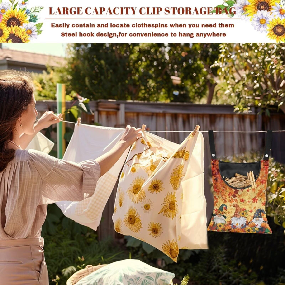 Autumn Goblins Clothespin Bag with Hanging Rope 14.5 x 12 Inch Summer Waterproof Laundry Clothes Pin Holder Clothespin Storage Organizer with Large Opening for Home Outdoor