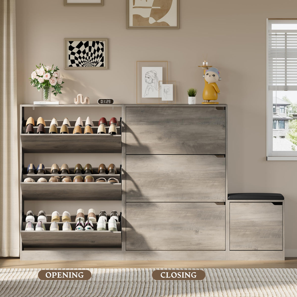 Shoe Cabinet with Bench and 3 Flip Drawers