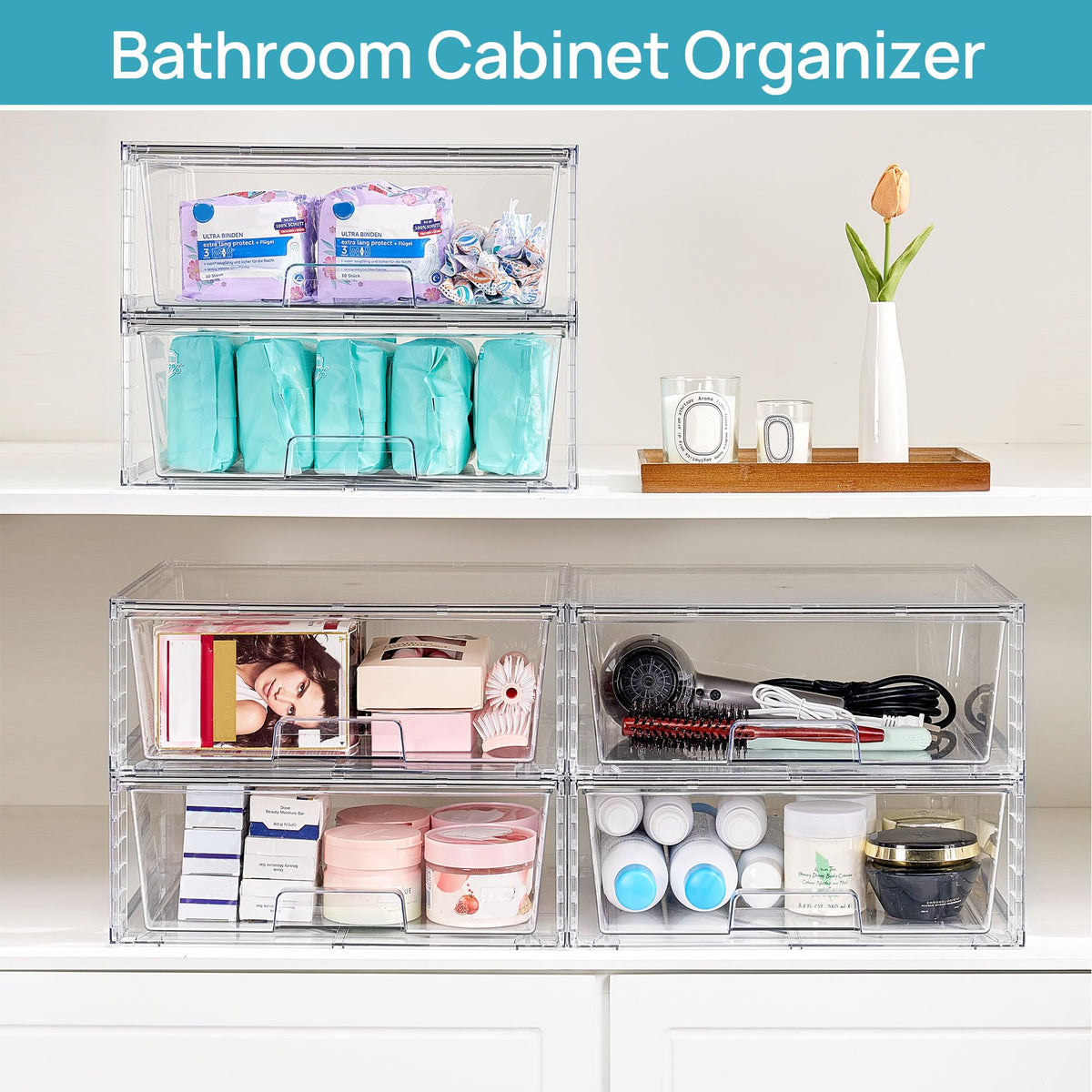 4 Pack Large Clear Stackable Storage Drawers for Closet (4 Count)
