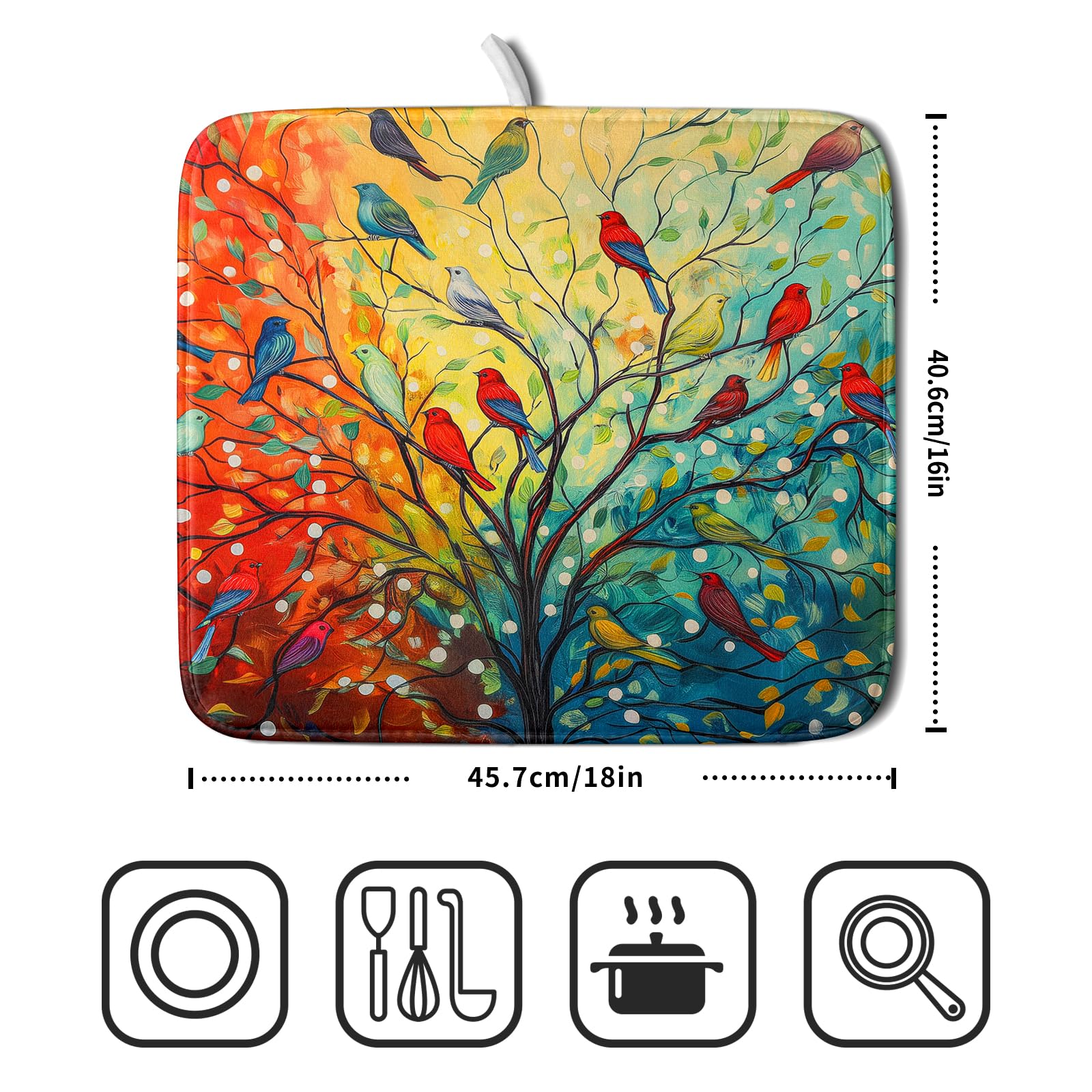 Colorful Spring Summer Tree Bird Dish Drying Mats for Kitchen Counter 16”x18” Absorbent Reversible Microfiber Spring Floral Dish Drying Pad Seasonal Flowers Mat Dish Draining Mat for Countertop Decor