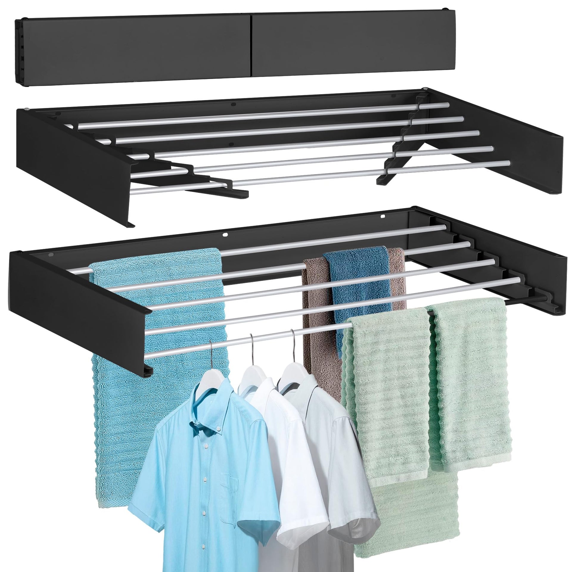 Laundry Drying Rack Wall Mounted Clothes Drying Rack Collapsible with 5 Aluminum Rods and Drilling Template Long Screwdriver Bit 60 lbs Capacity