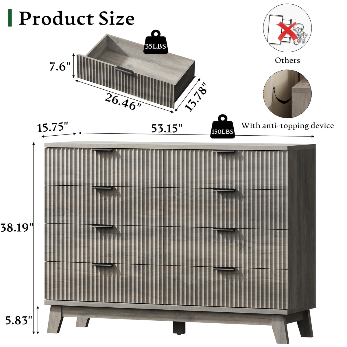 Fluted Dresser with 8 Drawers