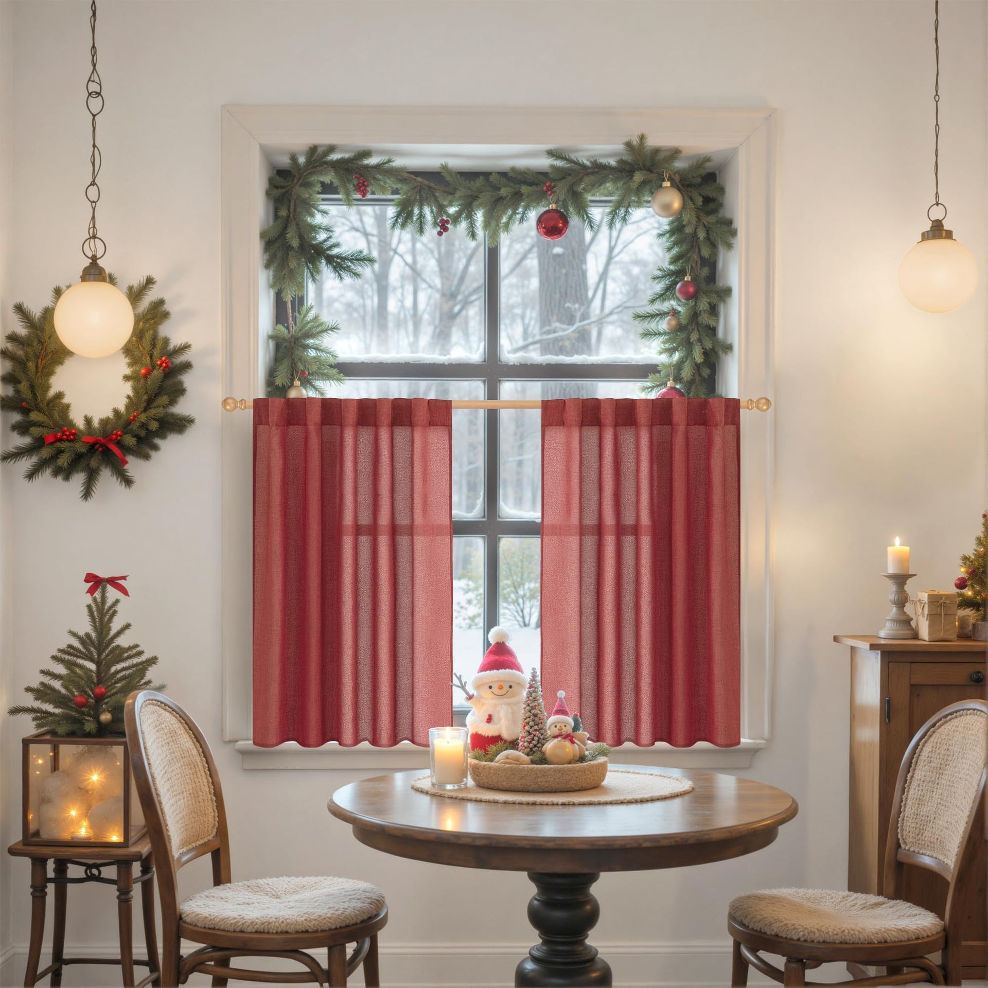 Burgundy Red Linen Kitchen Window Curtains 40 Inch Long (2 Count)