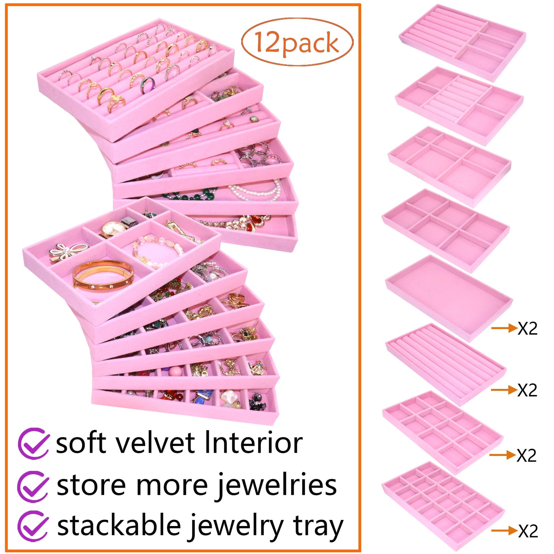 12 Set Jewelry Tray Stackable Velvet Jewelry Organizer Trays for Drawers Inserts Earrings Necklace Rings Jewelry for Women (12 Count)